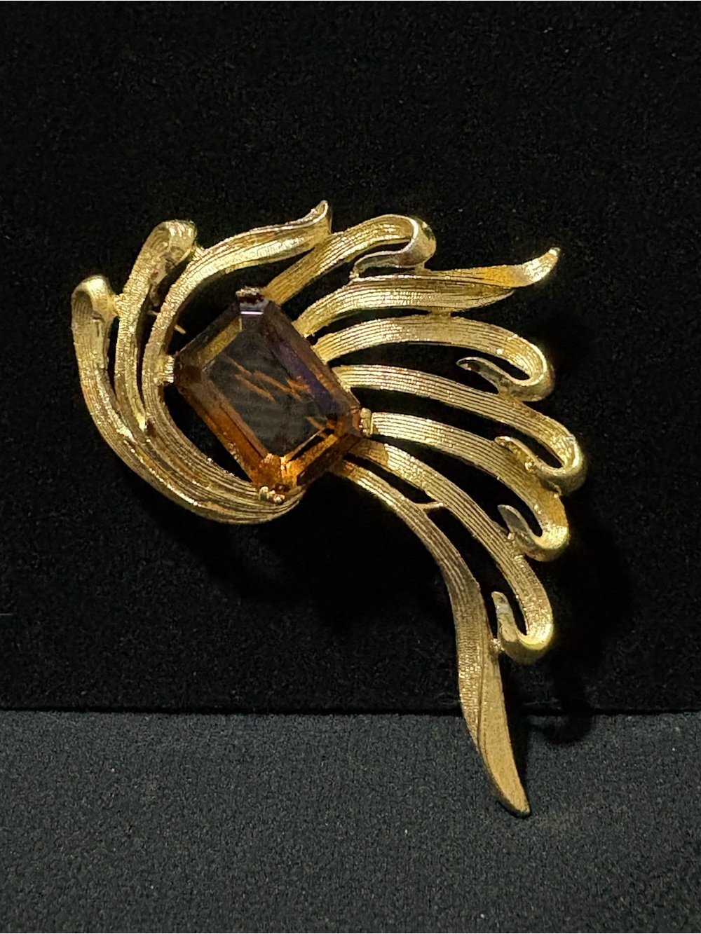 Vintage Gold Tone Abstract Flame Brooch Smoky Brown Glass Statement Pin
